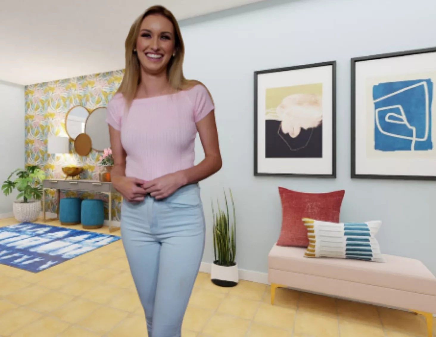 20, American blonde. In pink top, and light blue jeans.