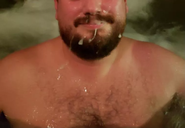 (28) Blowing my buddy at the clothing optional spa. Got one hell of a load on my beard.