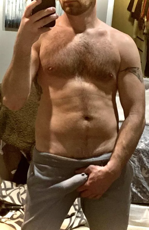 38 year old cock stretching out my grey sweats!