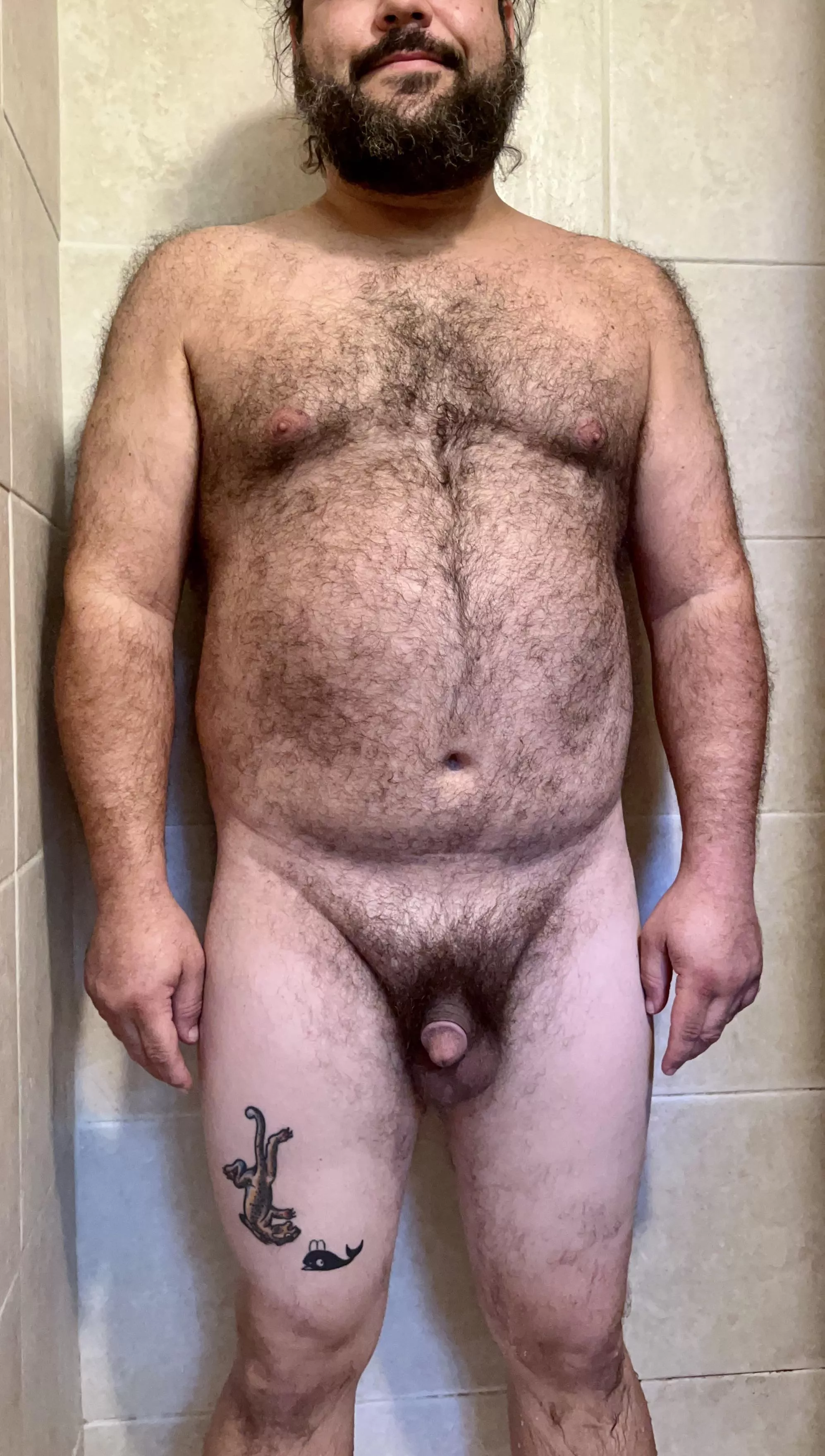 [41] M , 5’9, 230 lb. Taken me a long time to accept my hairy chubby bod. I wish to lose some weight, but other then that I’m happy with myself . Thoughts ?