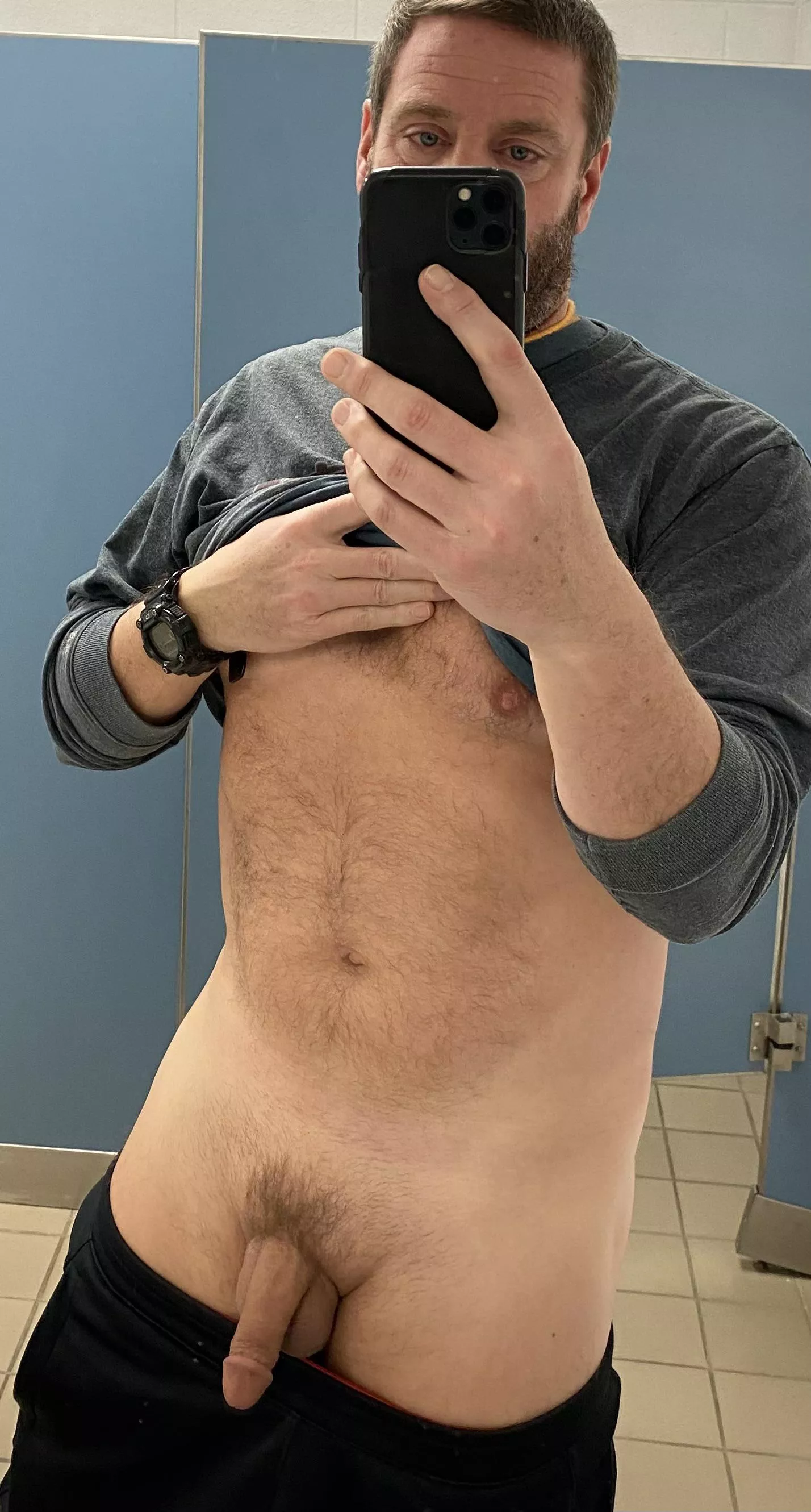 (52), slipped into the bathroom at work so I could show you my soft cock