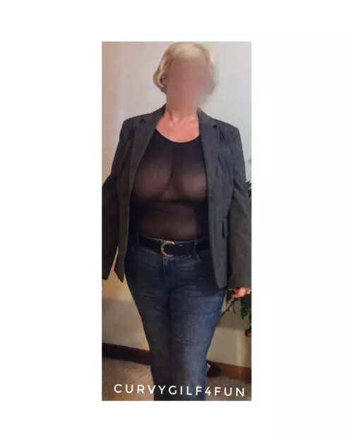 57 y.o. - It was casual Friday! π #bbw #bbwmature #boobs #curvy #curves #gilf #mature #naturalbreast #milf #escape #cougar #over50 #granny #nips #morning #nobra #sheer #peeking