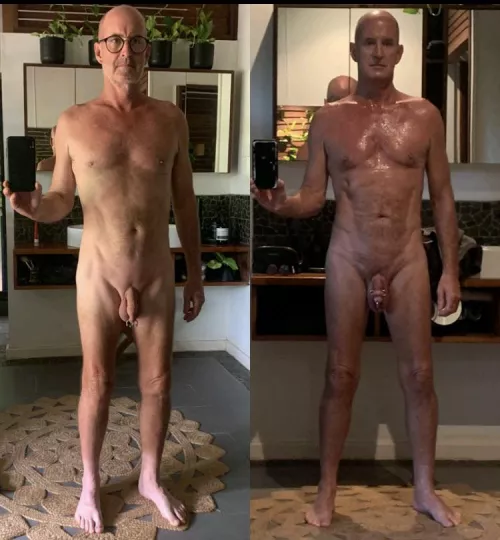 (60M, 172cm, 64kg) Left side shot more the ânormalâ looking me. Right side shot, just out of the showerâŠposing đ