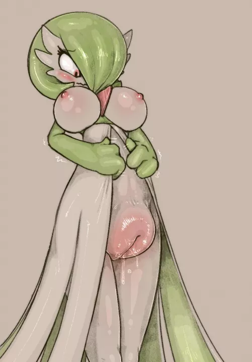 A busty Gardevoir unable to fit their hyper puss beneath their dress (artist: scruffythedeer)