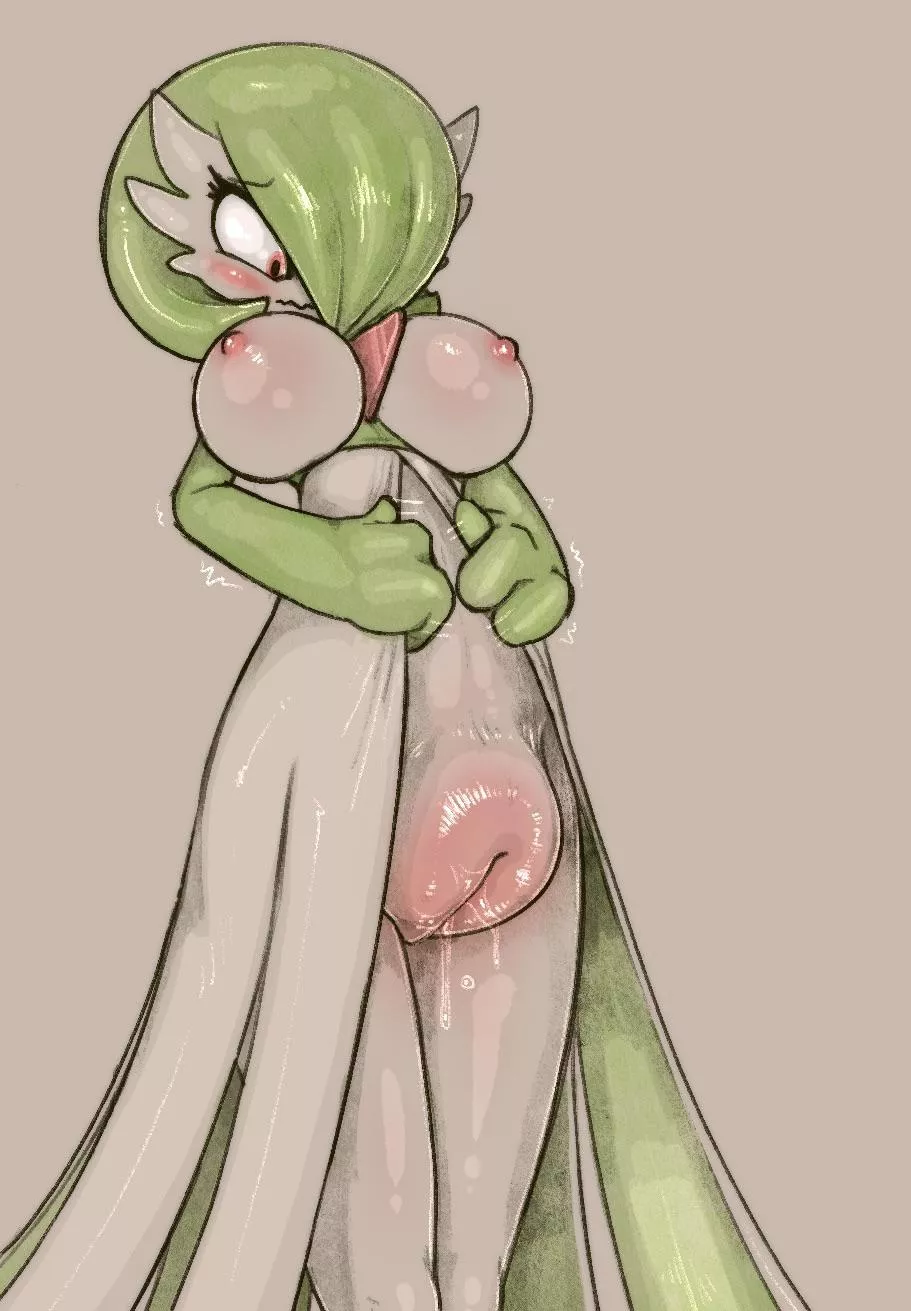 A busty Gardevoir unable to fit their hyper puss beneath their dress (artist: scruffythedeer)
