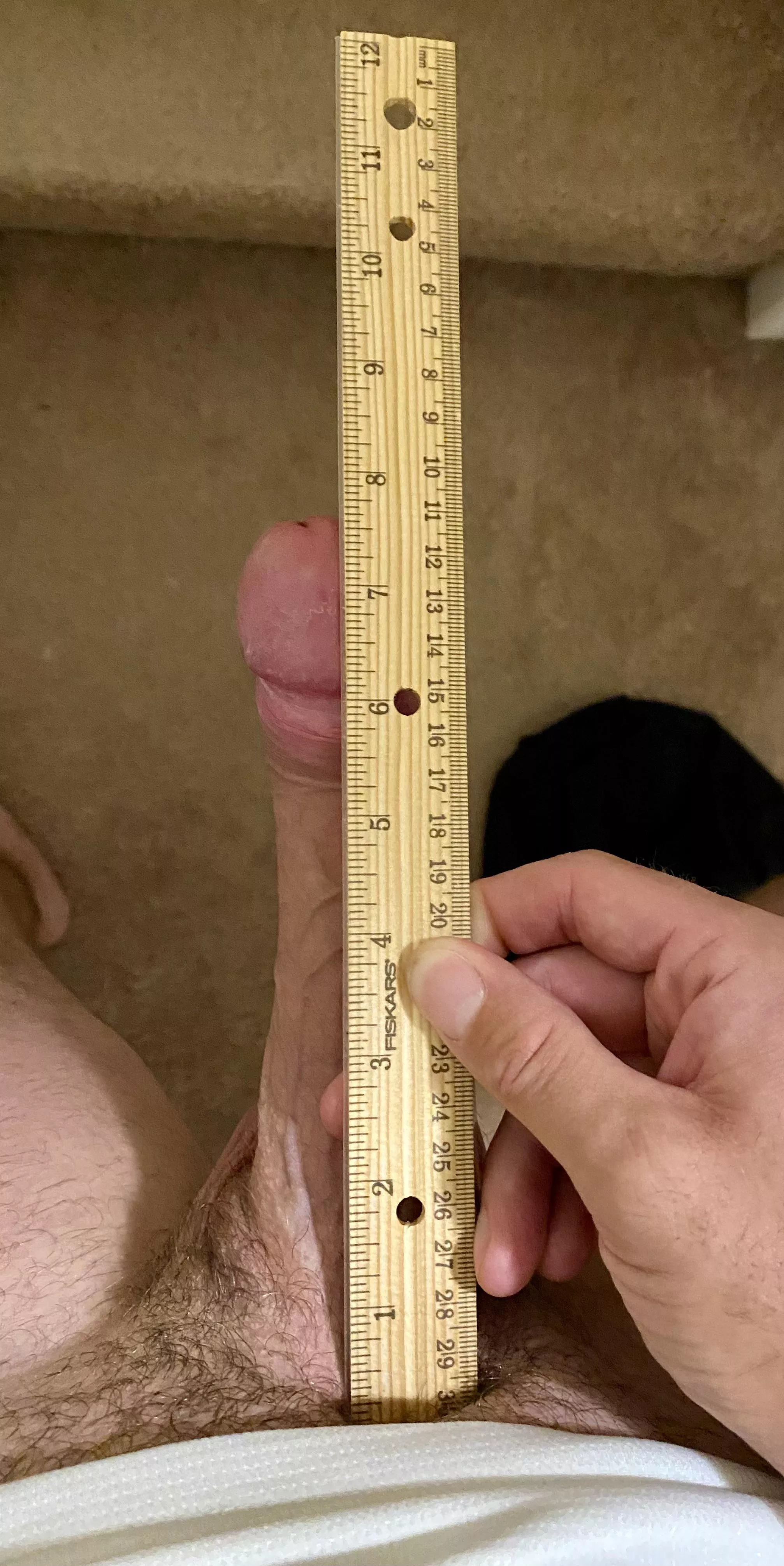 A couple dashes over 7 and a half inches. Added one dash that’s missing at beginning of ruler. So 7.7 inch’s, bone to tip 🍆. 5.7” girth at base and 5.3 in middle.