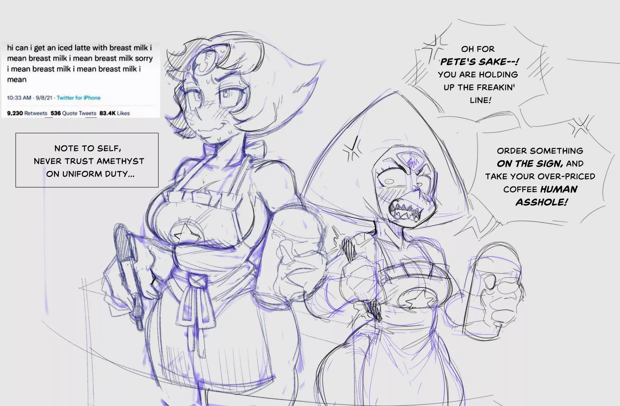A Starbucks meme sketch featuring Pearl and Peridot (art by INK01_) A Starbucks meme sketch featuring Pearl and Peridot (art by INK01_)