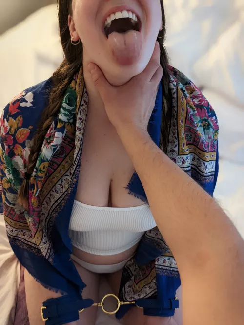 ✨ a throat hug with tongue out 🤗ft. cuffs + braids + pearly teeth ✨