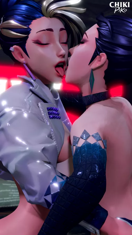 Akali and Kaisa kiss K/DA (Chikipiko)