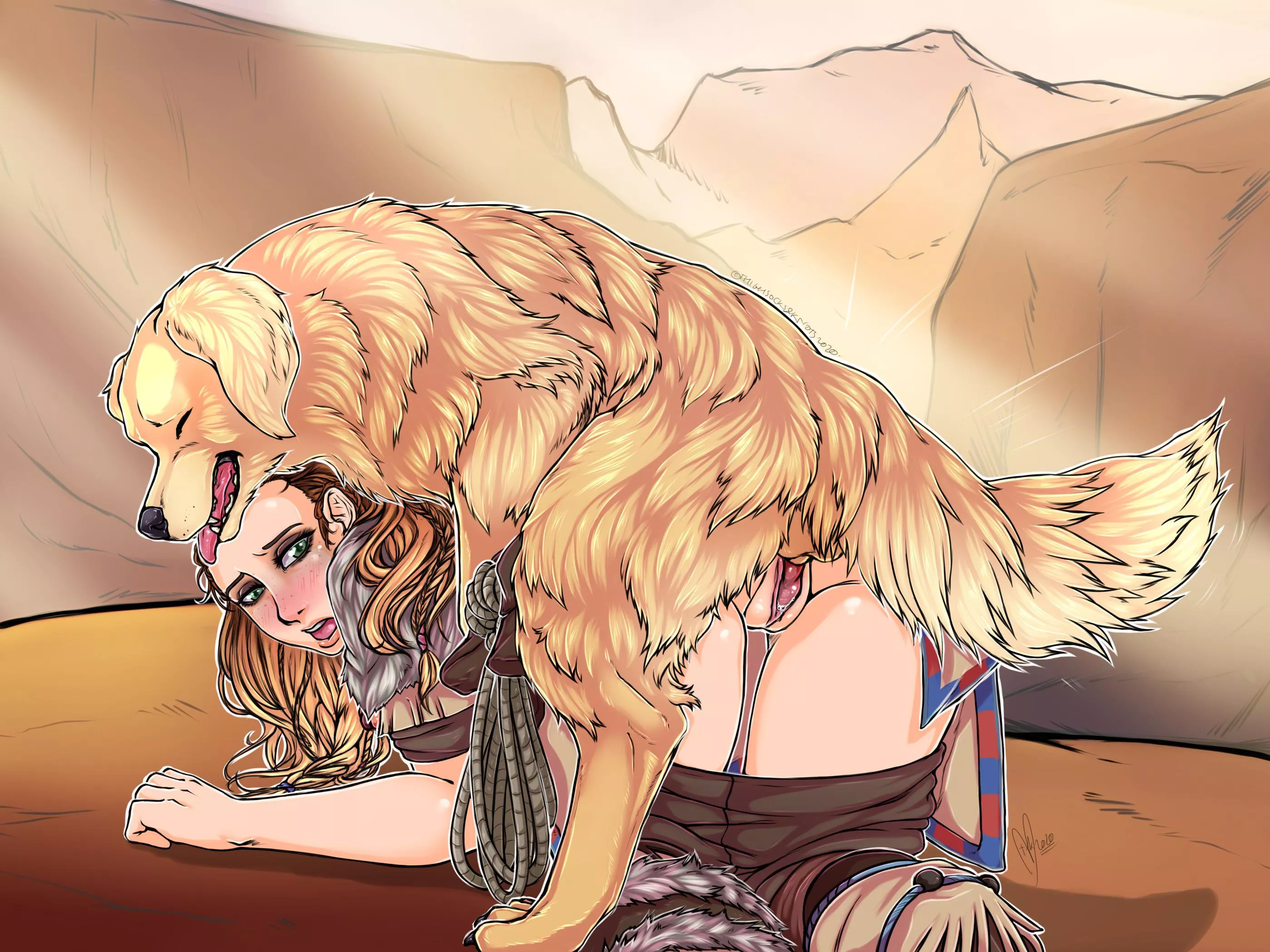 Aloy meeting her first dog (ThighsocksAndKnots)