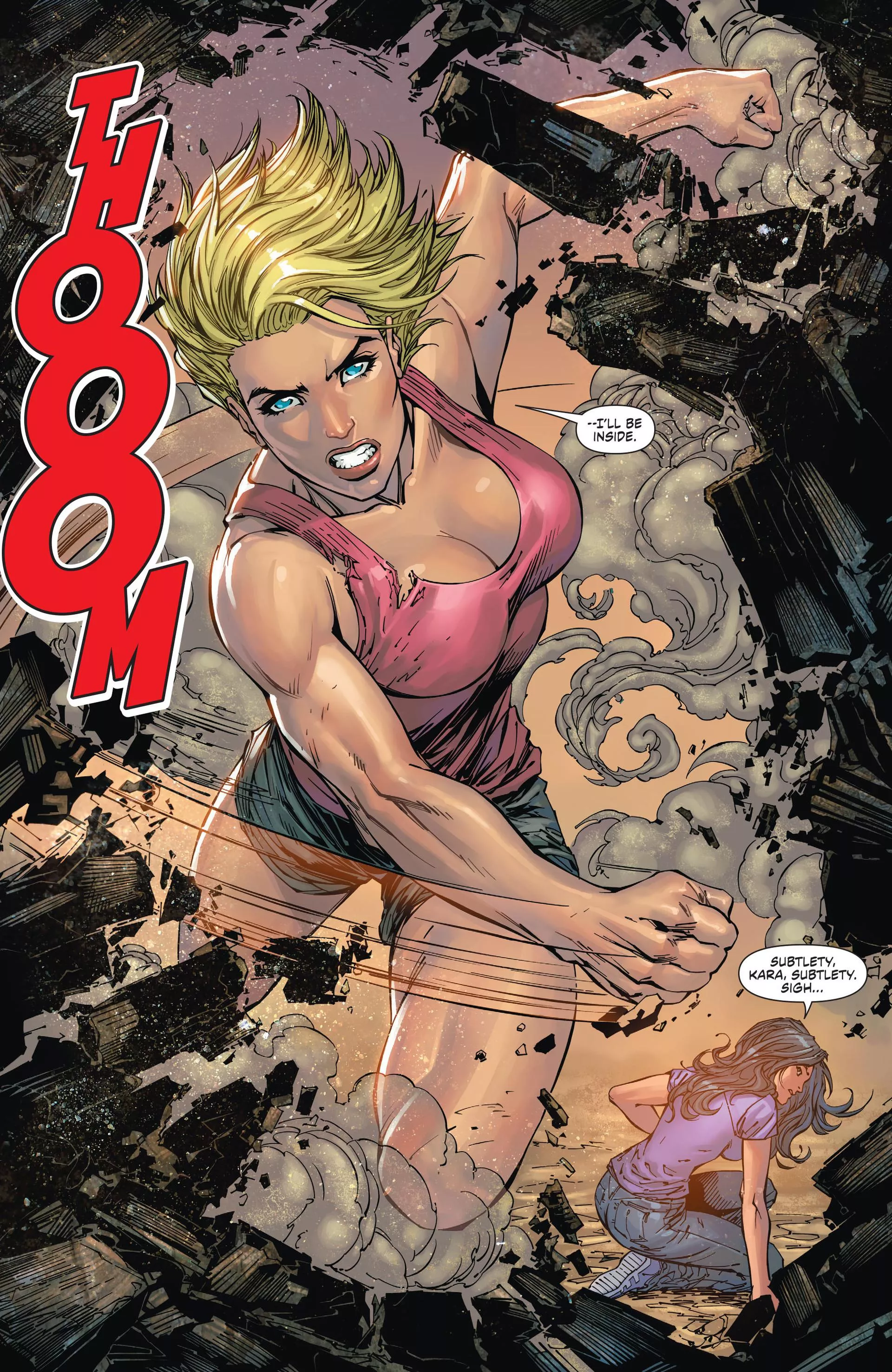 Always Great to see Kara's subtlety on a Splash Page. Power Girl. Kara Zor-El. Karen Starr. [Worlds' Finest #25]