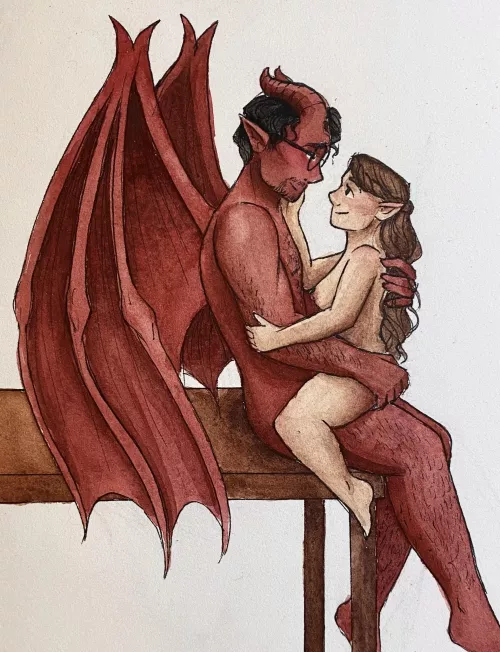 An intimate moment between my tiefling cleric and my friend’s halfling druid