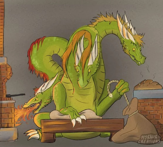Another big dragon with a peaceful job, this time a hydra dragon baker! [art by me, idea by u/datfurryboi34 who commented on my last post]