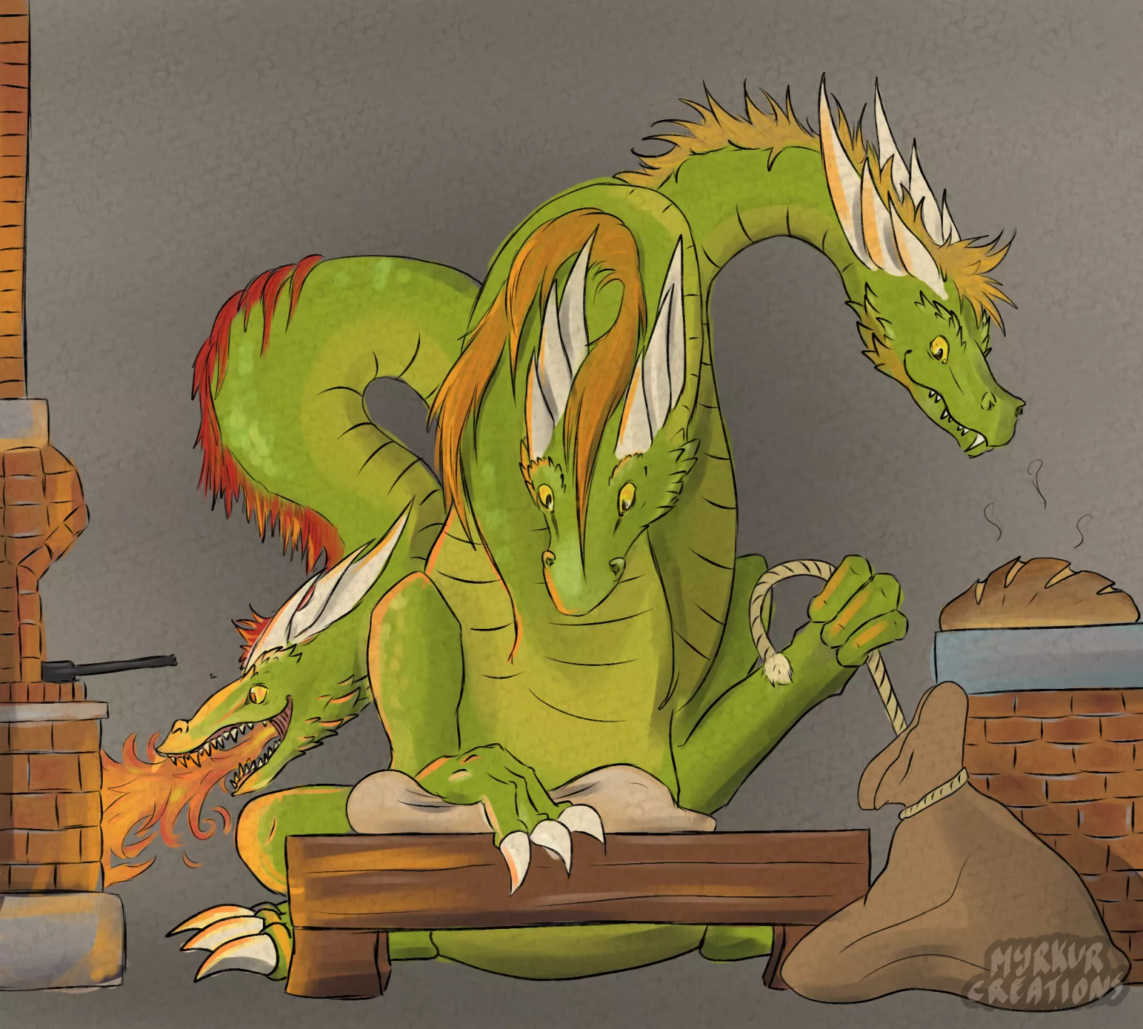 Another big dragon with a peaceful job, this time a hydra dragon baker! [art by me, idea by u/datfurryboi34 who commented on my last post]