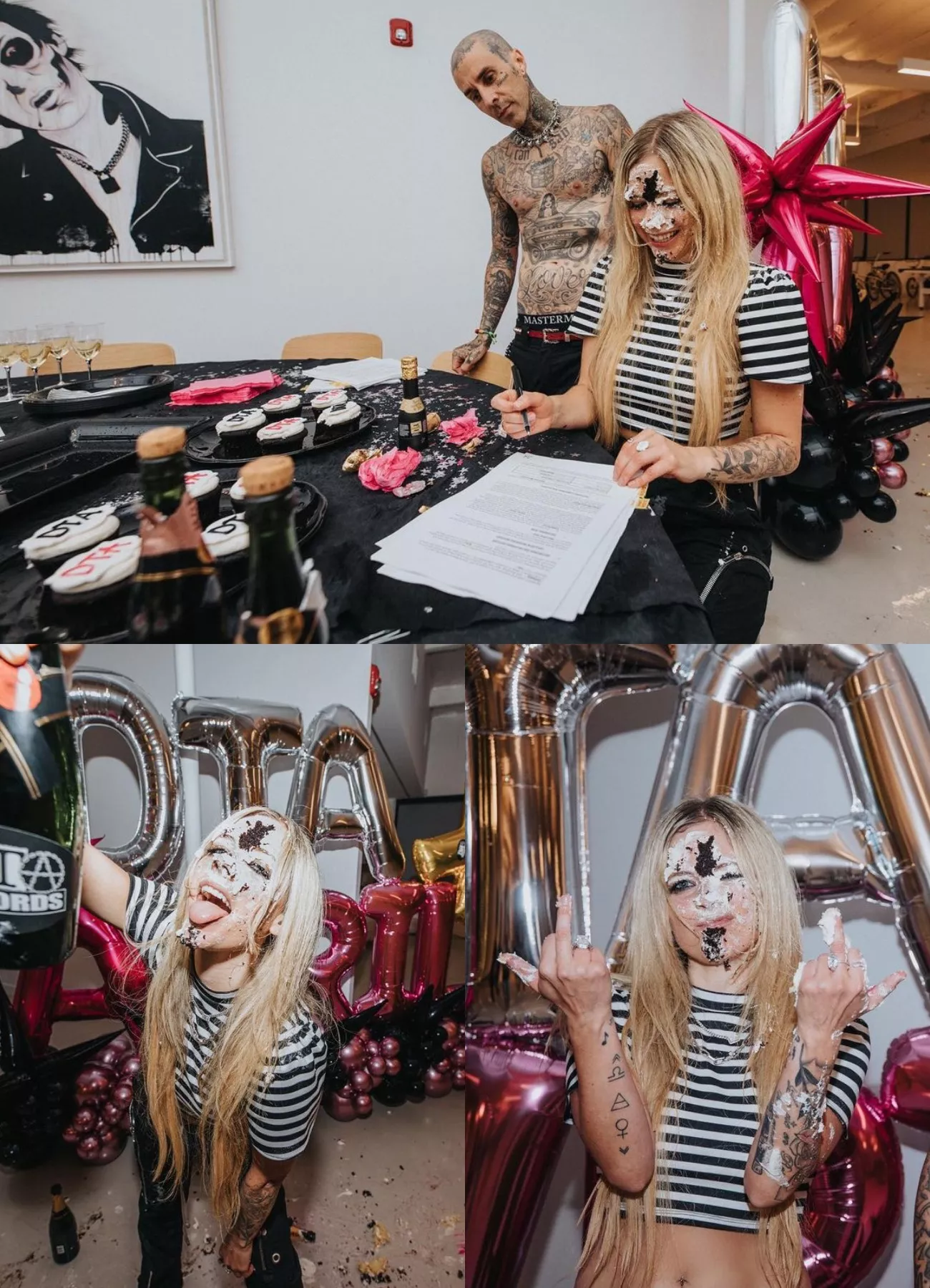 Avril Lavigne signing a contract with celebratory cake all over her face