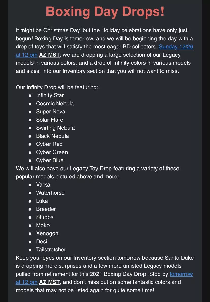 BD Legacy Toy Drop for Boxing Day!