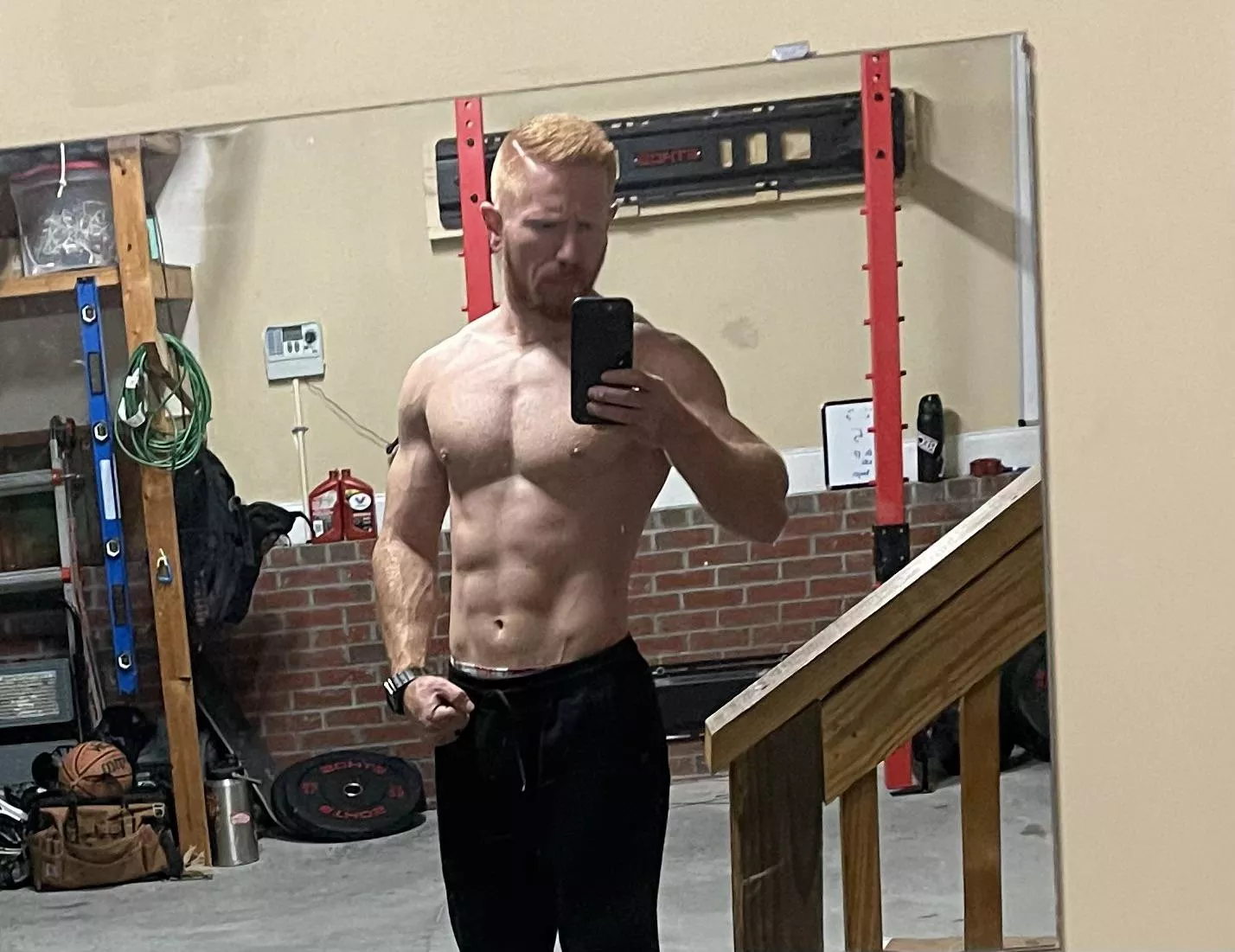 Best part of garage gym-no shirt required. (M)