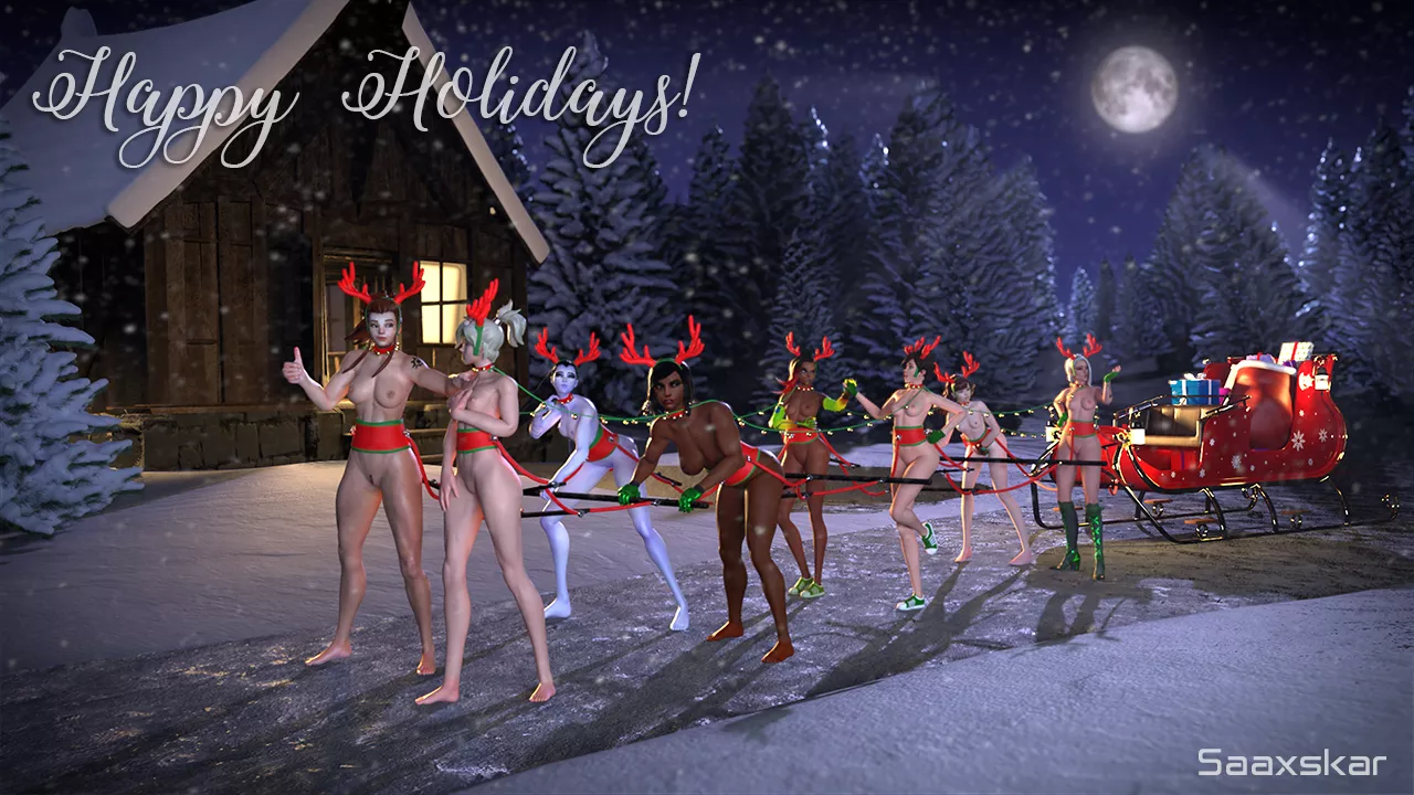 Brigitte, Tracer, Widowmaker, Pharah, Tracer, Sombra, Ashe, and DVa all helping to deliver presents in the cold (Saaxskar)