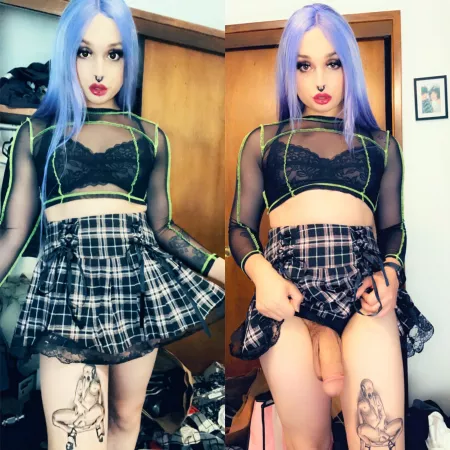 Can I lift up my skirt and flash you my thick girl cock? ๐ฅบ