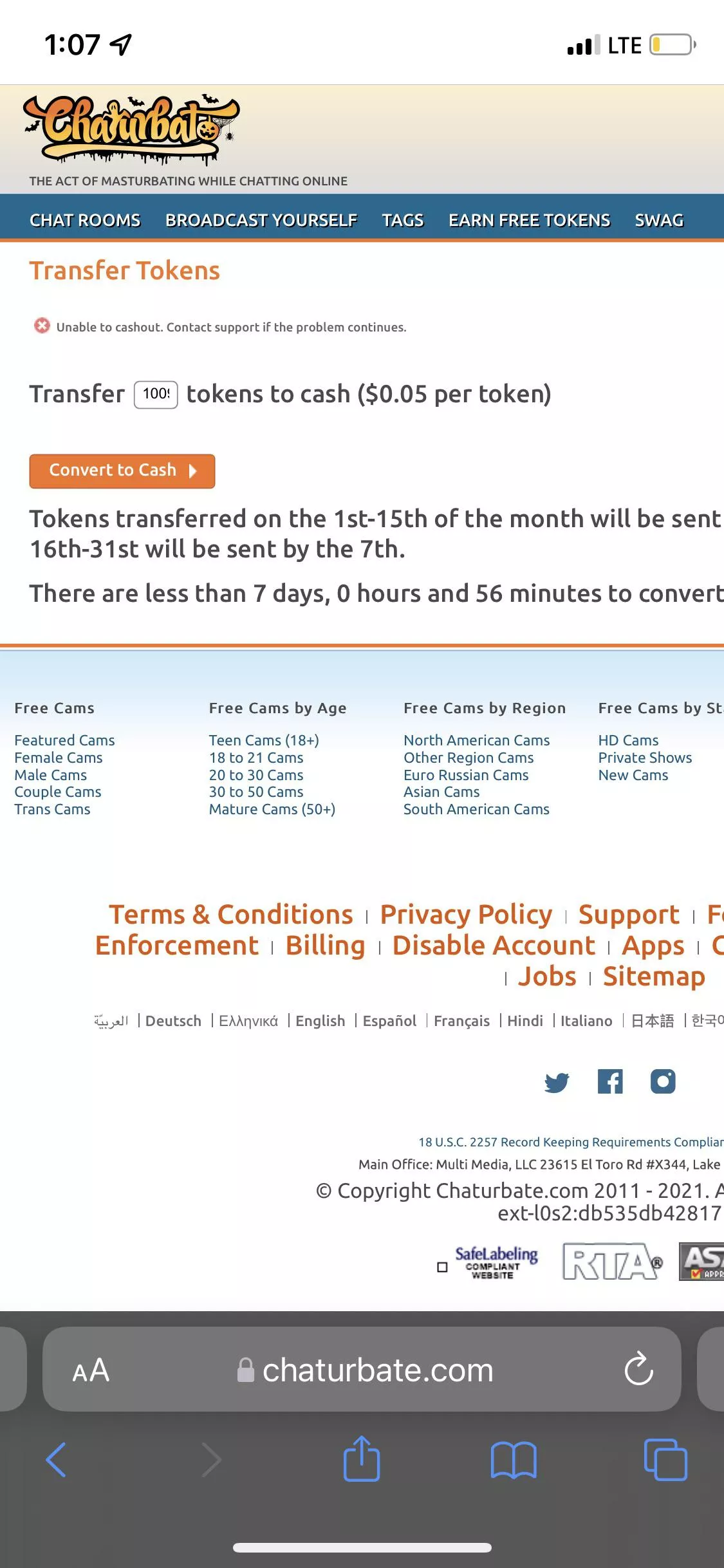 cash out problem, so i’m new to being a model and i already put all my verification info and banking stuff but whenever i try to cash out this pops up (i have 1009 tokens btw) PLEASE HELP!