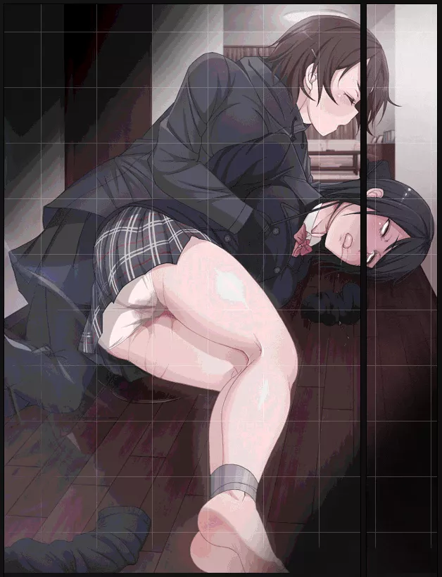 Color: 2girls, black hair, brown hair, red white striped skirt, black skirt, black jacket, red bowtie, lying down, choked, wet, bound feet, feet, drool, dresser, table and sofa in the background, wooden floor
