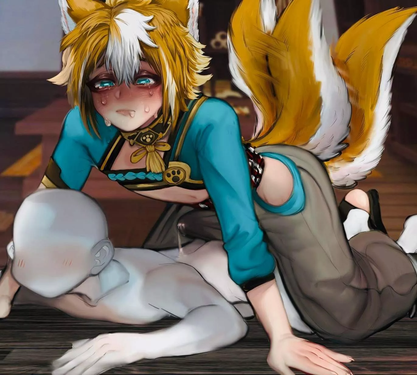 Color: Genshinimpact, gorou, male x male, bulge, fox ears, blue eyes, fox tails, kitsune