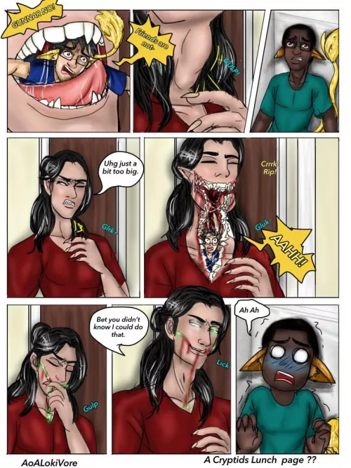 {Comic} A Cryptids Lunch by AoALokiVore Not sure when it’ll ever be finished {m/m}{slight non vore gore}