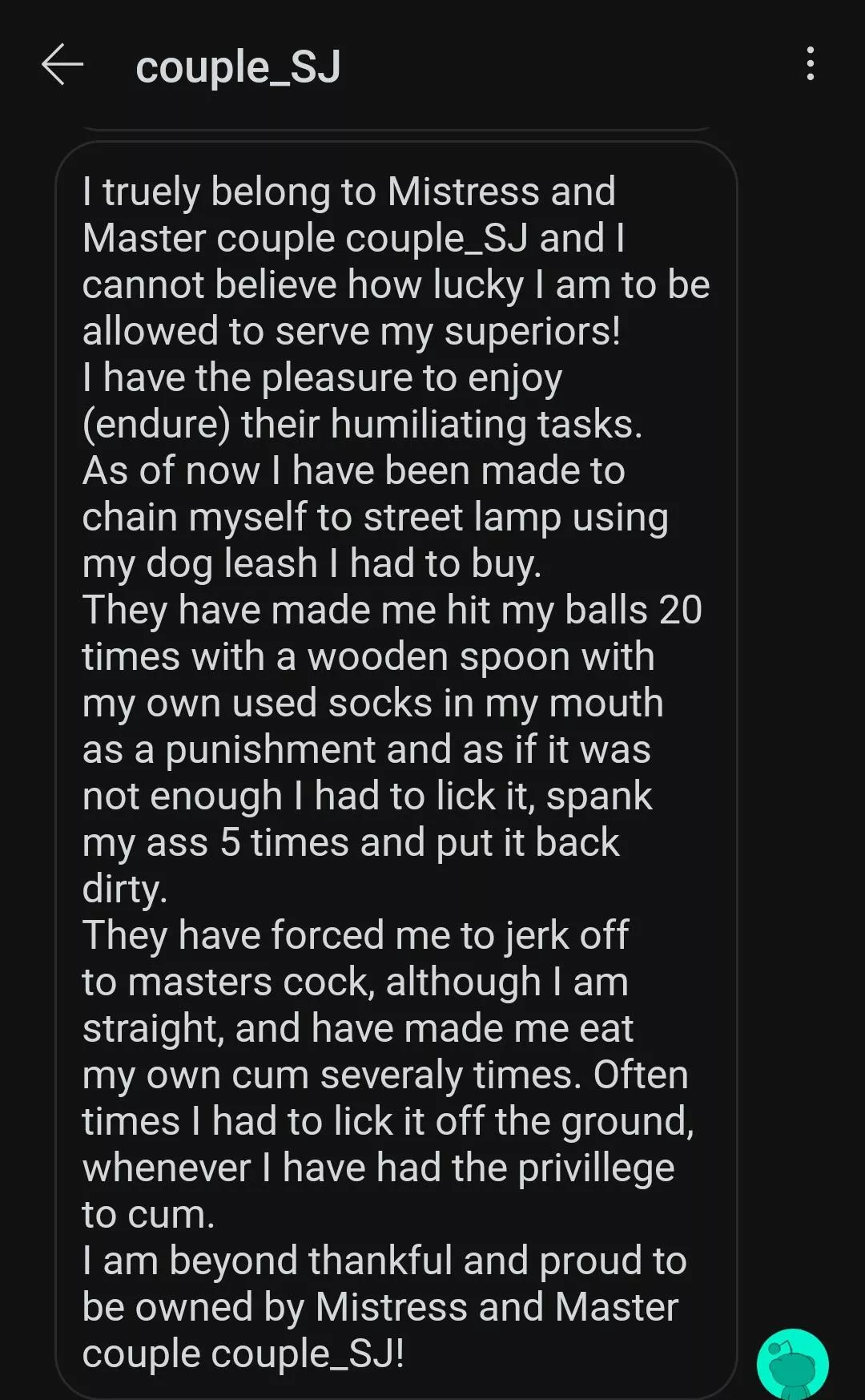 Confession: couple_SJ are a mindblowing Mistress and Master couple to who I (M21) have the privilege to belong to!