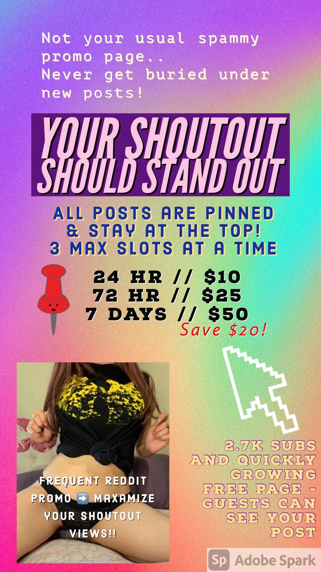 Creators! 🧡 Looking to grow ⬆️ your OnlyFans? I offer paid Pinned 📌 Shoutouts on my personal page (spam free look!) of 2.7k subs & growing 50+ daily. ⬆️ Your post STAYS on TOP ⬆️ never gets lost under new posts! 😯 I Reddit promo 