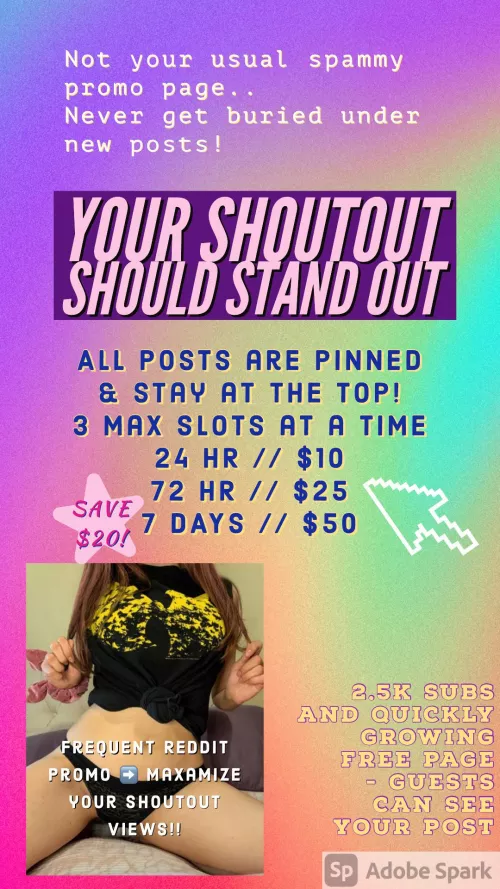 Creators! 🧡 Looking to grow ⬆️ your OnlyFans? I offer paid Pinned 📌 Shoutouts on my personal page (spam free look!) of 2.5k subs & growing 50+ daily. ⬆️ Your post STAYS on TOP ⬆️ never gets lost under new posts! 😯 I Reddit promo