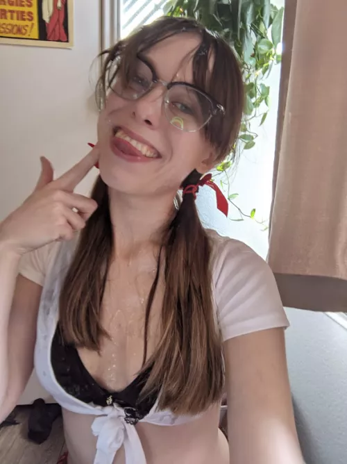Cumshot facial aftermath in my glasses and schoolgirl outfit