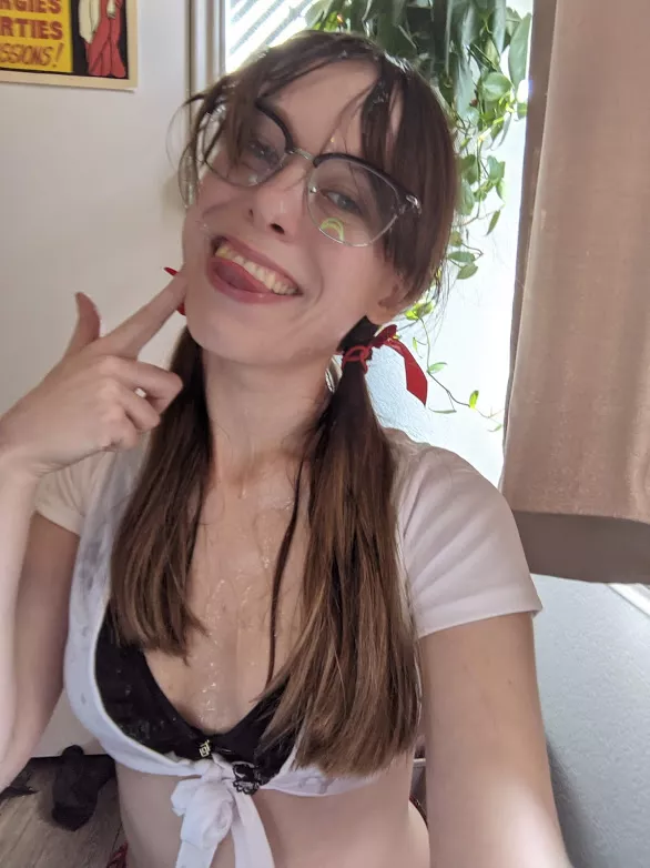 Cumshot facial aftermath in my glasses and schoolgirl outfit