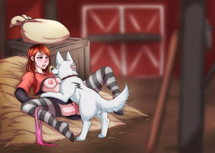 Cute babe in thighhighs playing with her dog in the barn (ThighsocksAndKnots)