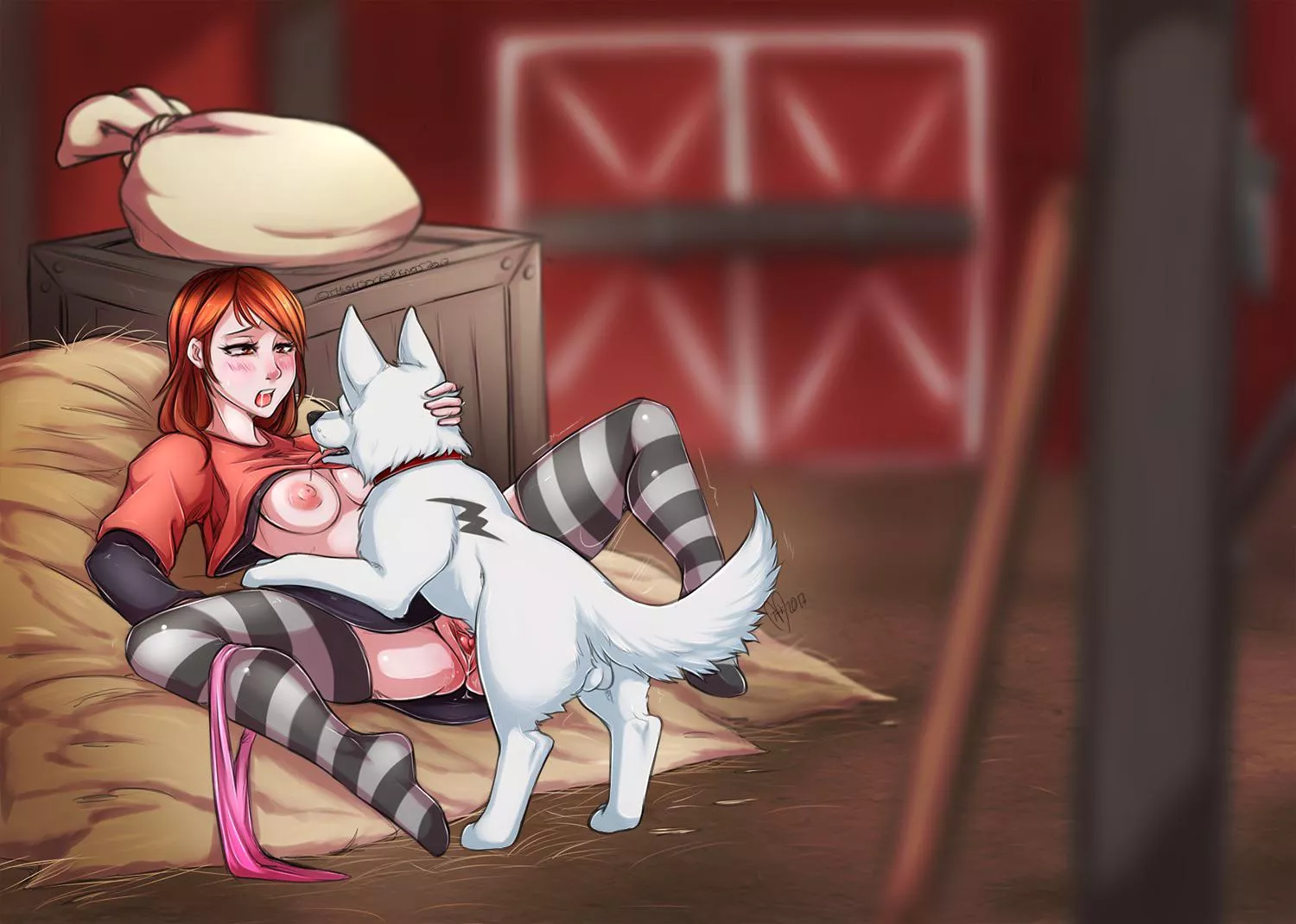 Cute babe in thighhighs playing with her dog in the barn (ThighsocksAndKnots)