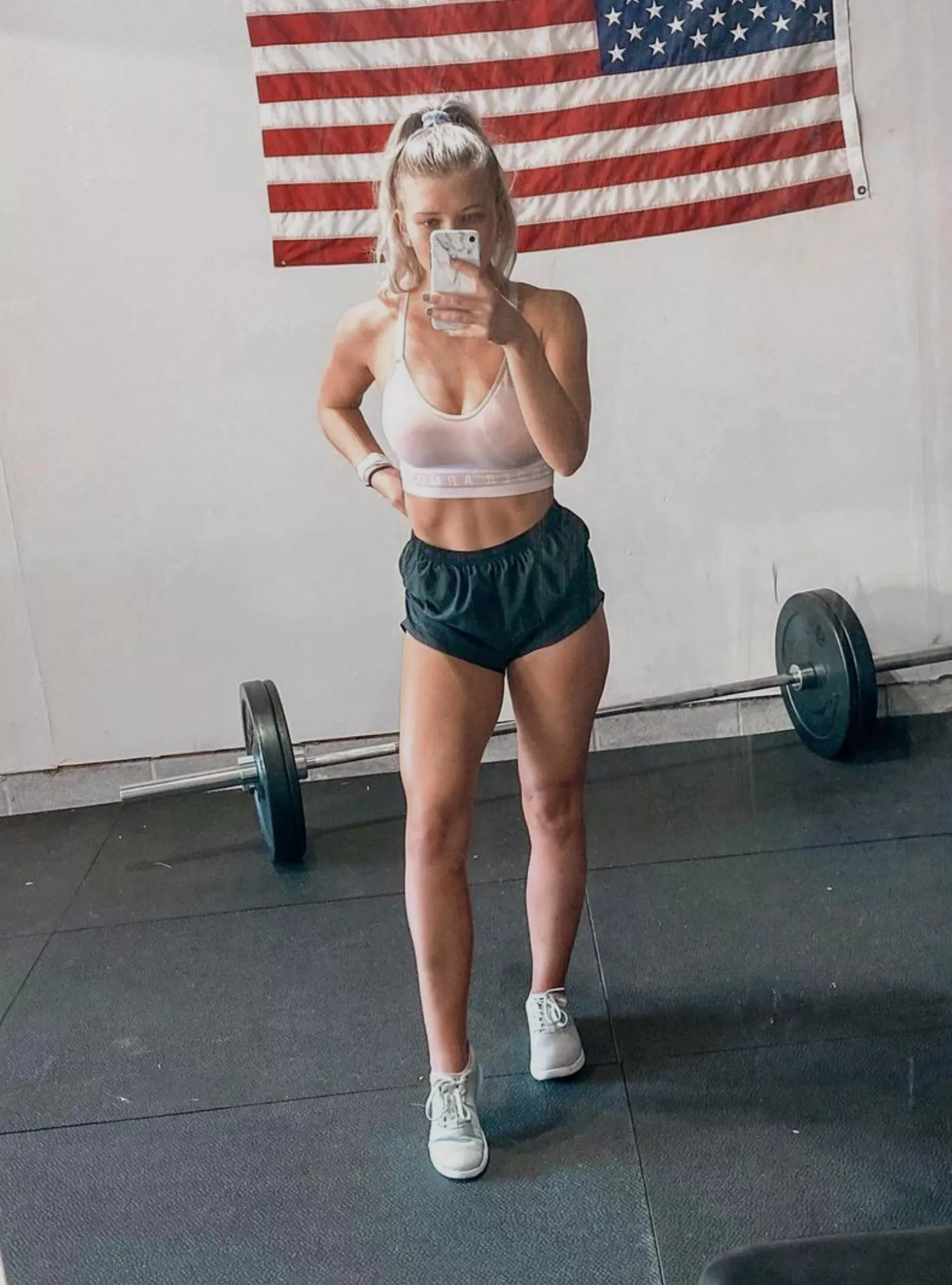 Cute blonde in gym shorts