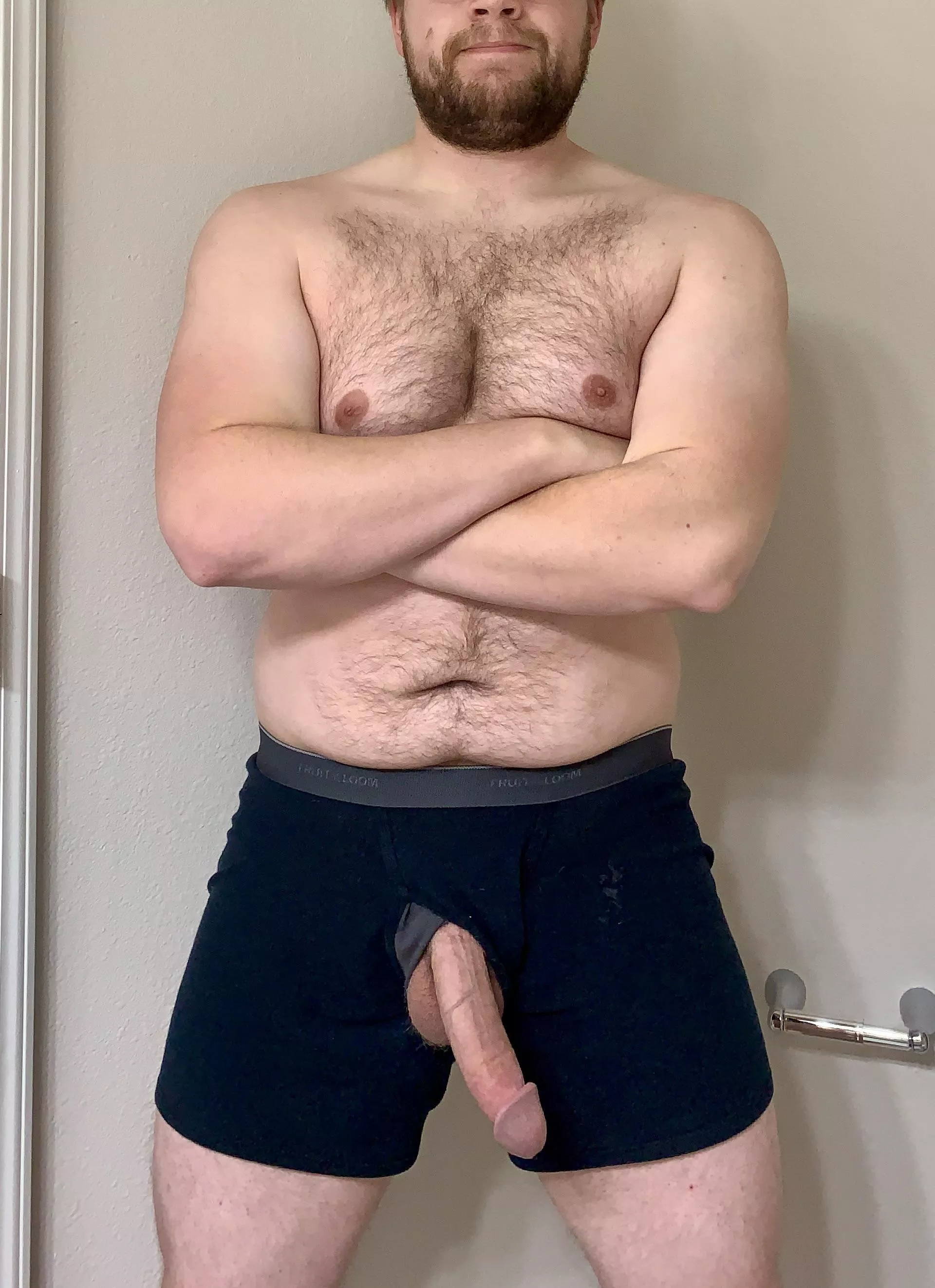 Dad bod, beard, and cock.