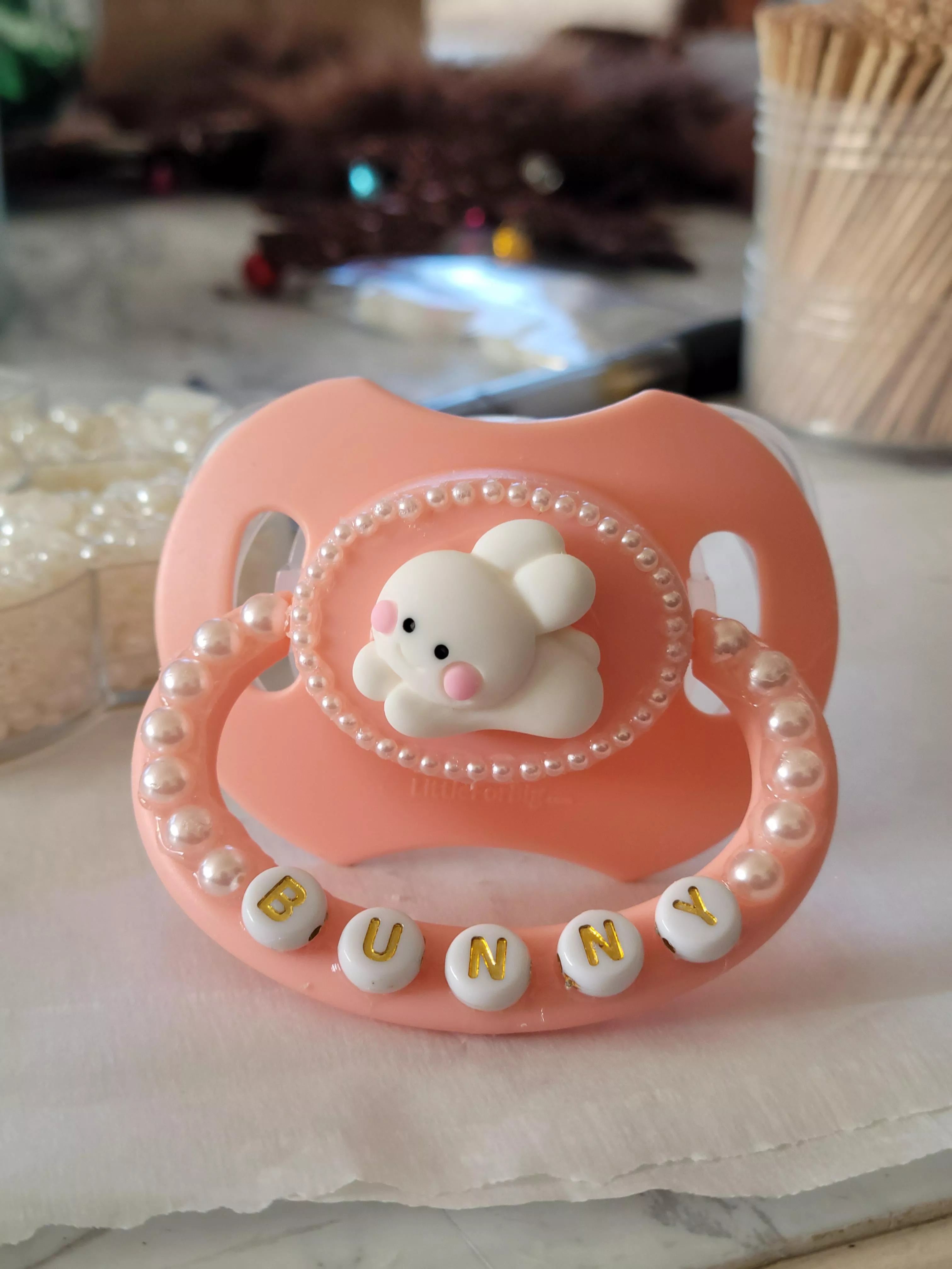 Decorated my first paci! Can't wait to model it for Daddy 🤭🐰💖