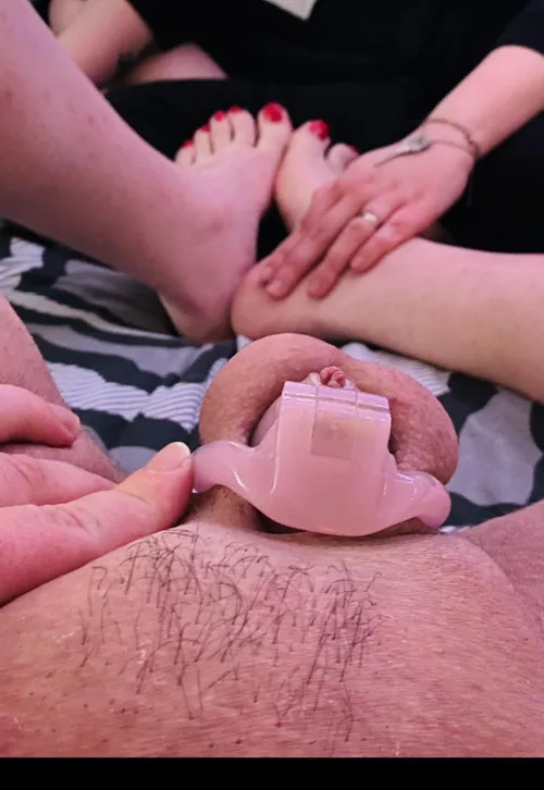 [domme] Getting my sissy husband ready for Valentines Day. Locked, plugged, shaved and nails painted like a good girl.