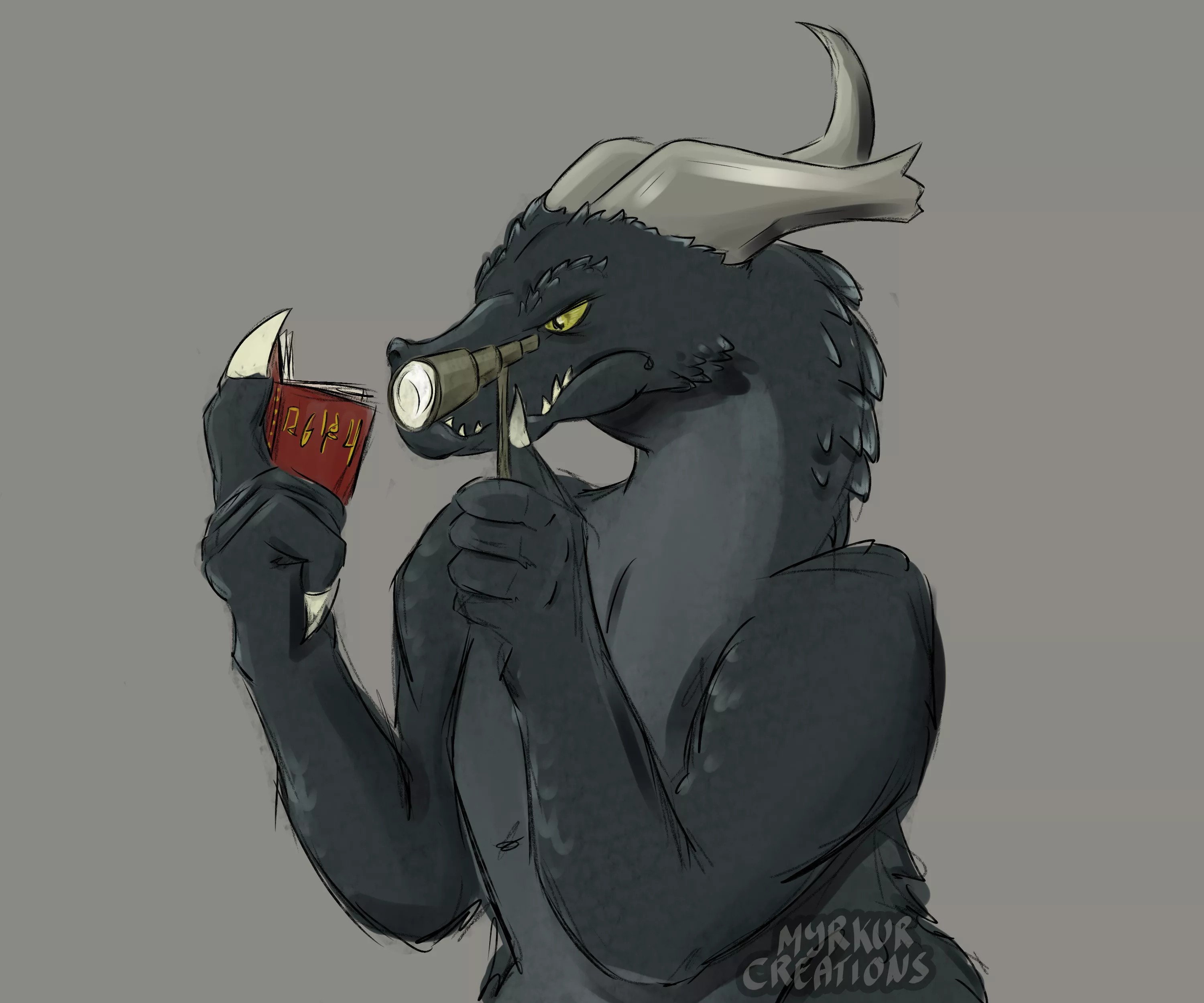 Dragon librarian checking an antique book [made by me] - I really like the idea of strong, intimidating creatures having peaceful jobs