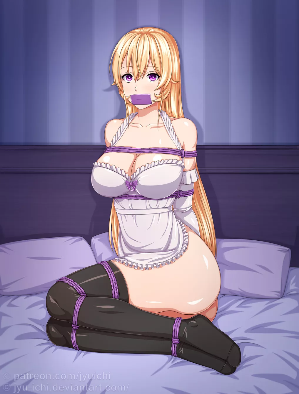 Erina tied up and gagged, just waiting on top of the bed, ready to be played with. Erina tied up and gagged, just waiting on top of the bed, ready to be played with.