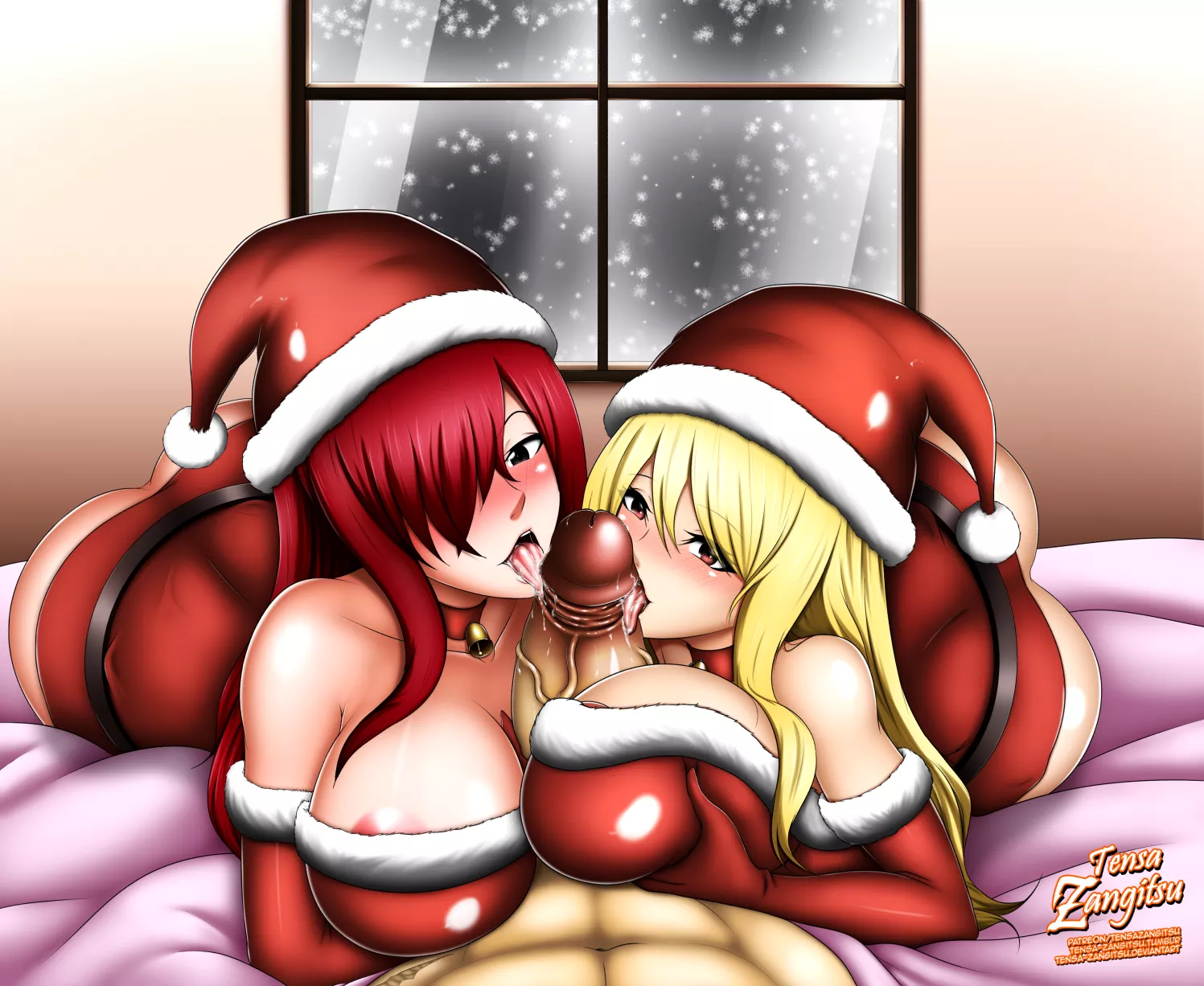 Erza and Lucy giving Natsu a early Christmas present