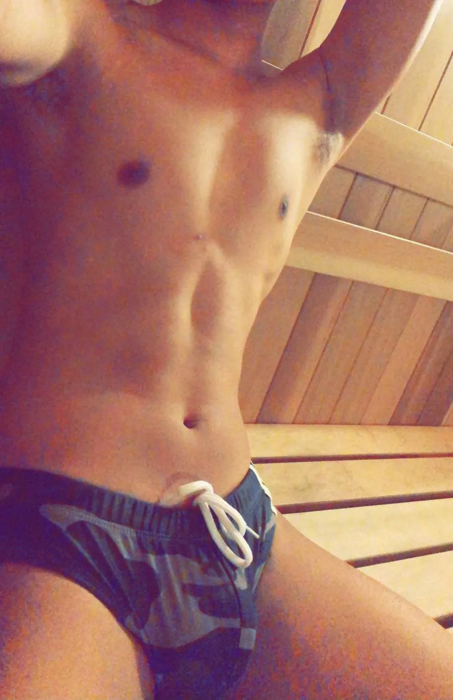 Even when in the Sauna can’t shed the Camo. 22 Gay bottom here