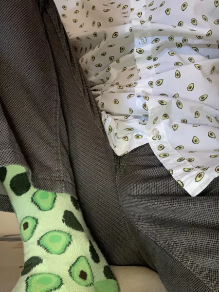 Eyes on the shirt and socks. Are they coordinated?