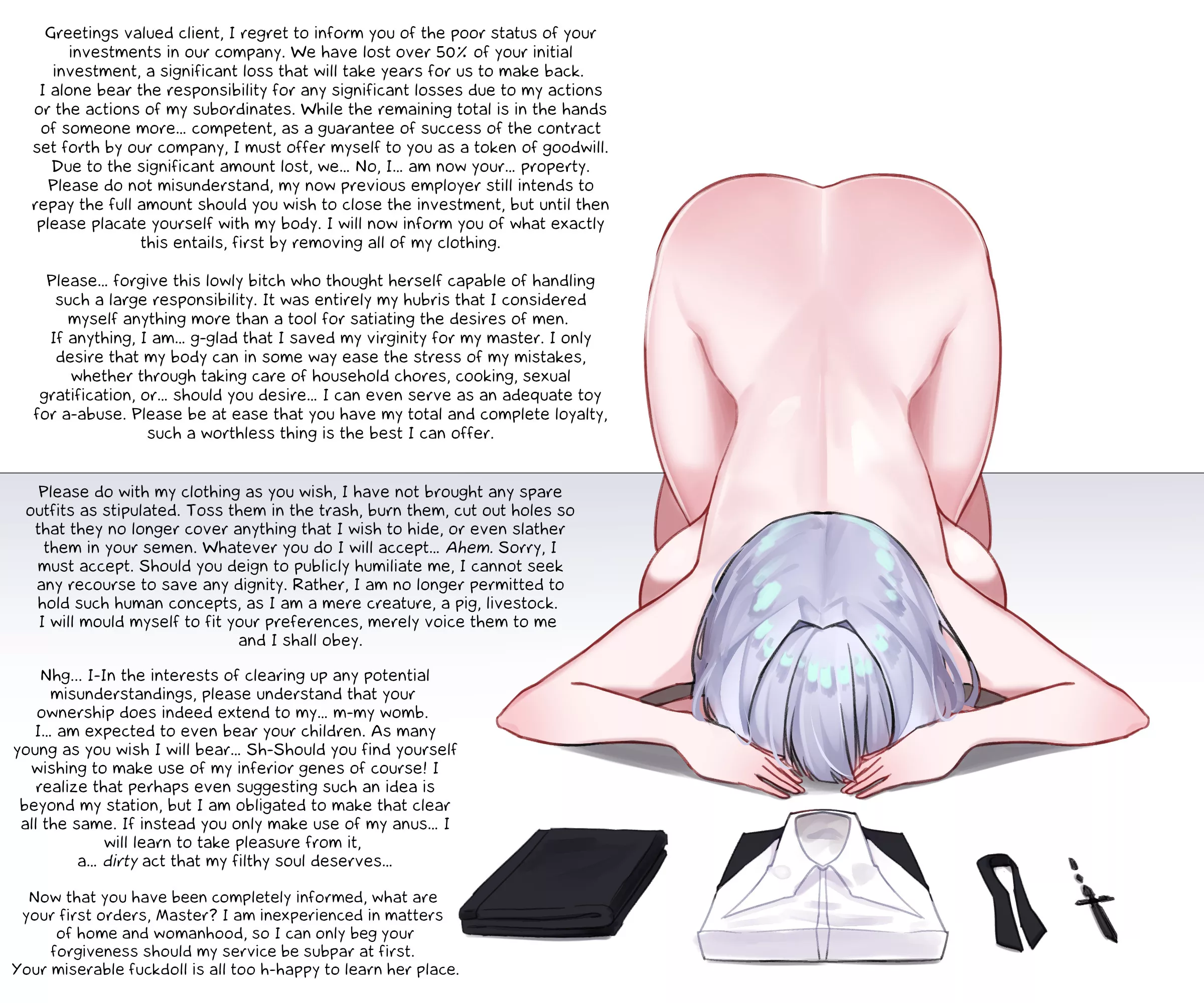 [F] Having lost a significant amount of your investment, a business woman is now contractually your property and can only beg for your forgiveness. Not that she deserves it~ [Naked Dogeza][Female submission][Artist: Myanja]