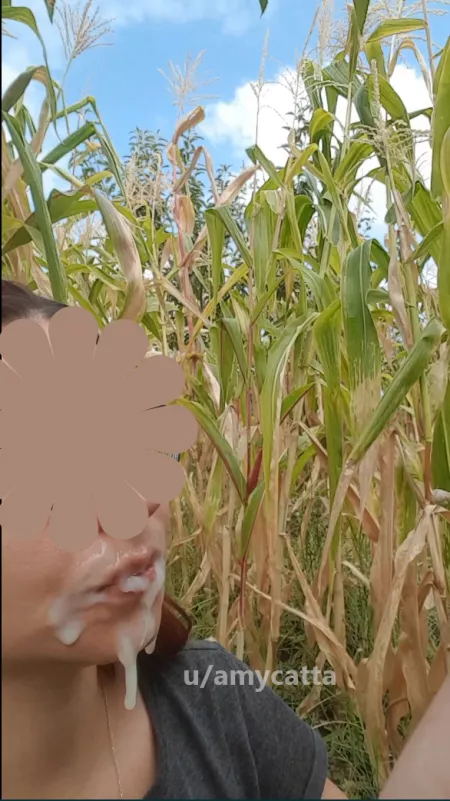Face covered in lots of thick cum after a proper outdoor blowjob