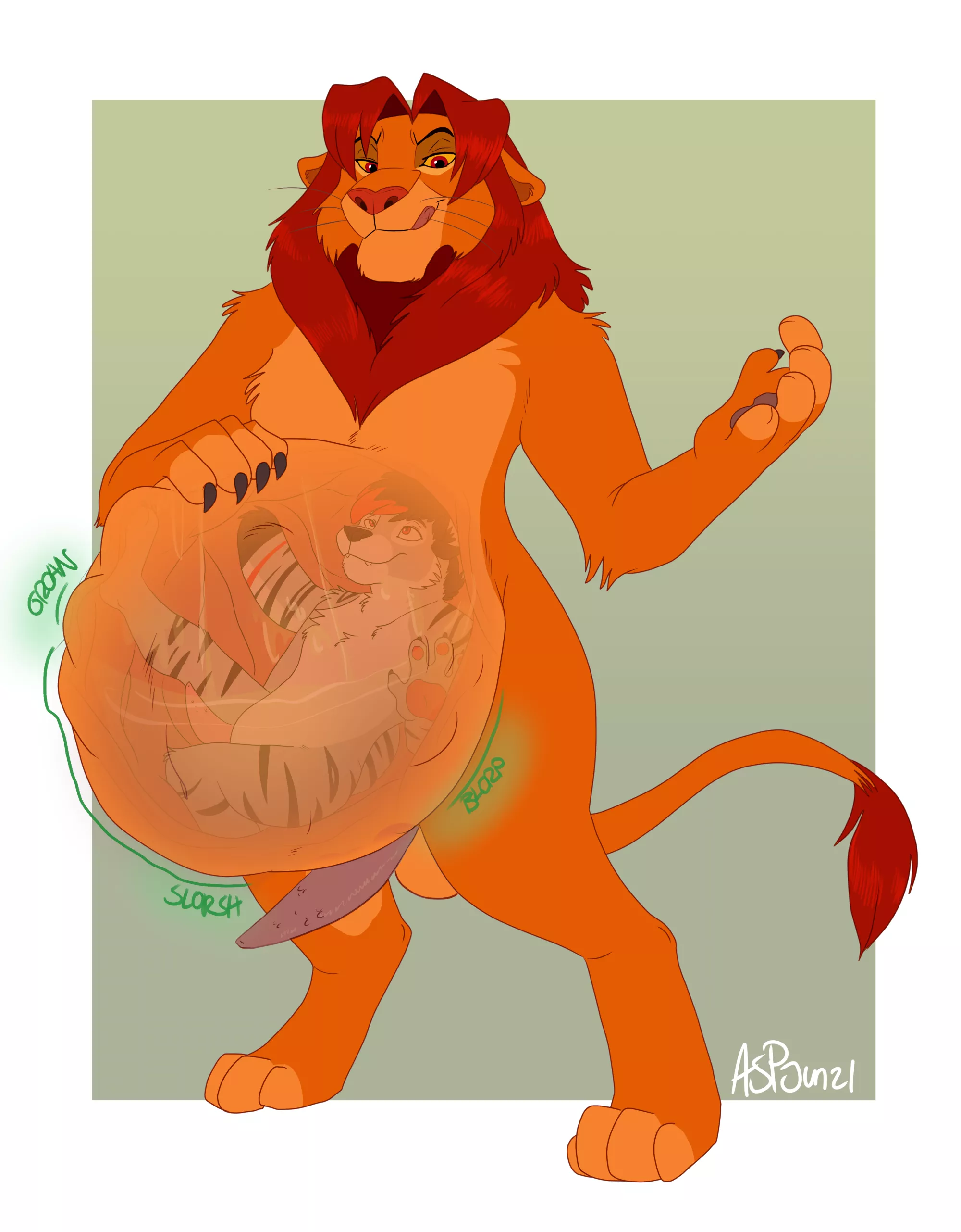 Feeding the king [by feeriion] [MM] [Oral Vore] [Willing] [Tiger] [Lion] [Lion King] [Size Difference]