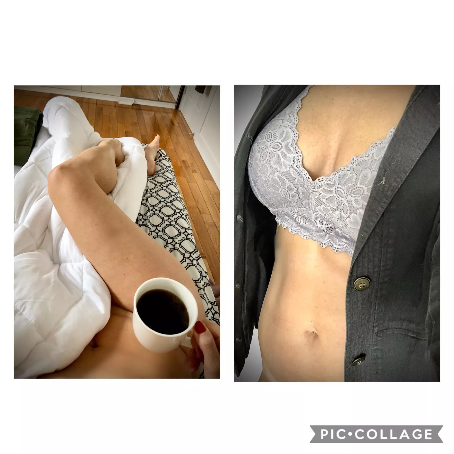 [F]emale 43, Slow start to my day. Enjoyed my coffee and some me time. Now time to get ready... should I keep the bra on ?? 😉 (oc)
