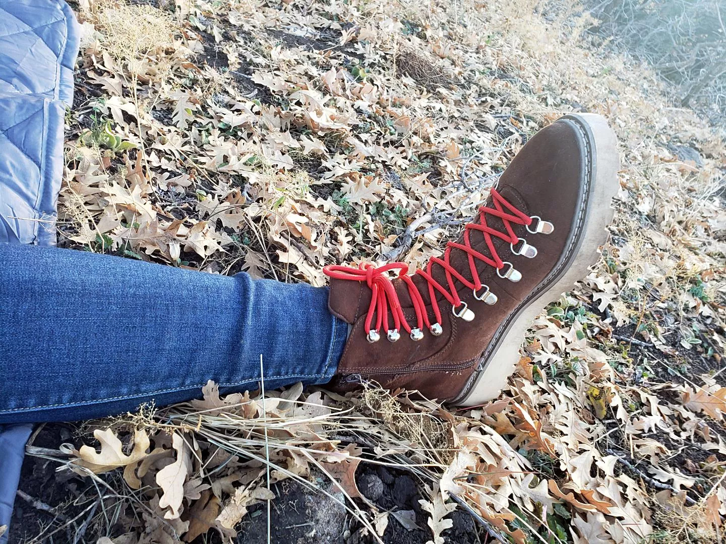 First boots for camping and metal detecting in the woods. Steve Madden. Came w brown and red laces both on originally. Plan on different brand for next pair but will stick with these for whatever their lifespan is. I love them so much.