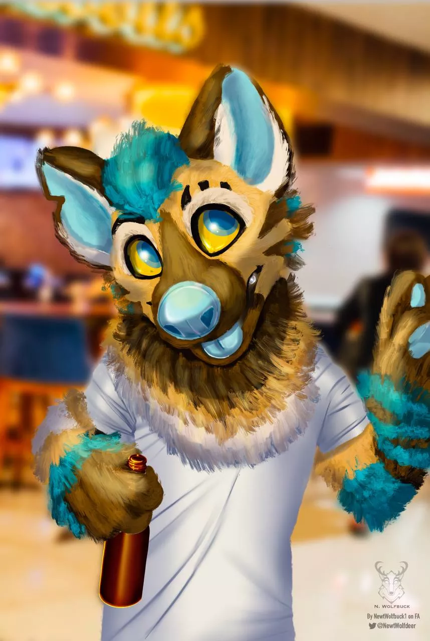 First, experimental, go at a fursuit paintover piece (OC, @NewtWolfdeer on Twitter)