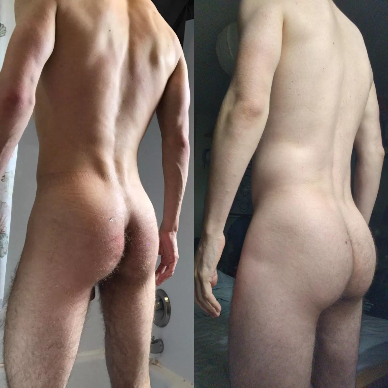 First time comparing my progress pics. Left pic is me at 143lbs. Right at 173lbs. Which do you prefer? First time comparing my progress pics. Left pic is me at 143lbs. Right at 173lbs. Which do you prefer?